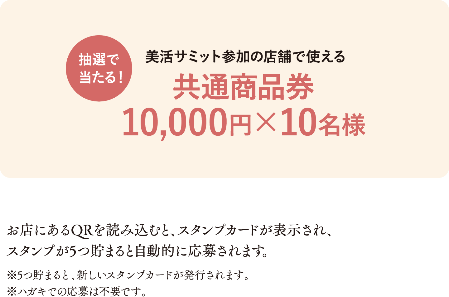 抽選で美活サミット参加店で使える共通商品券1万円分が10名様に当たる